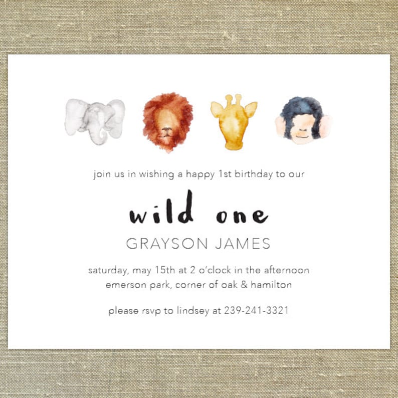 Wild One First Birthday invitations 15 w envelopes and rtn address printing watercolor safari