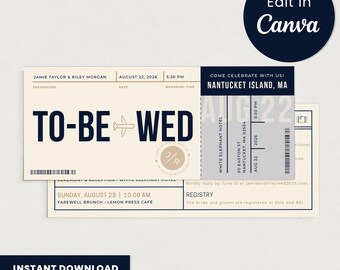 Modello Canva per invito a nozze con biglietto aereo • Scheda itinerario di viaggio modificabile • Suite per matrimoni di destinazione • Download digitale