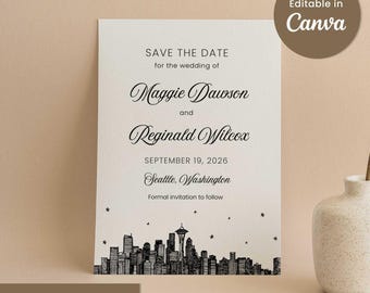 Modello Save the Date di Seattle – Annuncio di matrimonio digitale – Invito mobile modificabile Canva – Illustrazione dello skyline – Download immediato