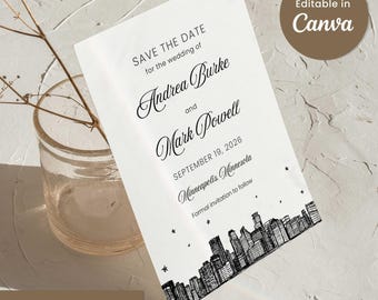 Modello Save the Date di Minneapolis Canva / Annuncio di matrimonio stampabile / Invito modificabile con skyline della città / Save the Date fai da te / Personalizzato