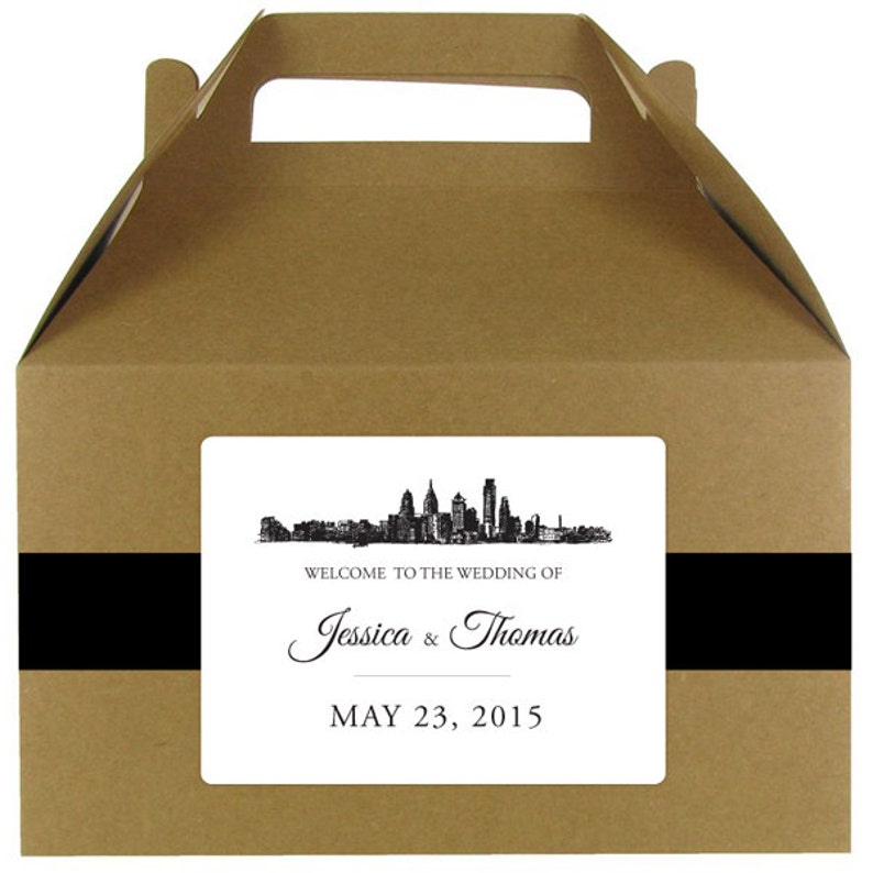 Skyline stickers for wedding welcome bags or gable boxes; available in any skyline; 4x3 with rounded corners COMPLETELY CUSTOMIZABLE