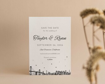 San Francisco Skyline, Custom Save the Date, "City Skyline Stars", City Skyline Save the Date, Minimalist Save the Date, Envelopes Included