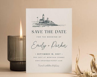Montauk Lighthouse Save the Date • Elegant Coastal Wedding Card for Destination or Oceanfront Ceremony • Printed Beach Invite with Envelopes