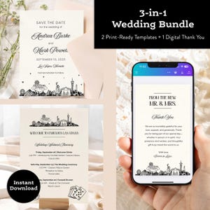 Paquete de plantillas para bodas en Las Vegas – Suite móvil editable de Canva – Reserva la fecha, tarjeta de agradecimiento, itinerario – Kit digital para escapadas con el horizonte de la ciudad