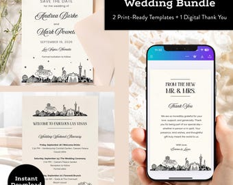 Pacchetto di modelli per matrimoni a Las Vegas – Suite mobile modificabile Canva – Salva la data, biglietto di ringraziamento, itinerario – Kit per matrimonio digitale Skyline