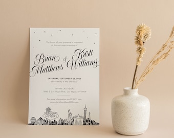 Las Vegas Skyline, Wedding Invitation, "Diagonal Skyline", Custom Wedding Invitations, Event Invitations, Minimalist, Cityscape, City Sketch