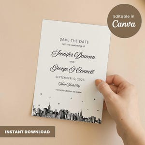 Plantilla de reserva de fecha de Nueva York (Canva) / Tarjeta de boda con el horizonte de Nueva York / Invitación digital editable / Plantilla de boda moderna / Descarga instantánea