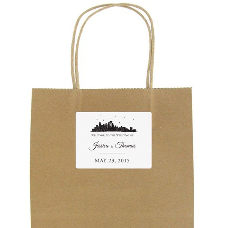 Skyline stickers for wedding welcome bags or gable boxes; available in any skyline; 4x3 with rounded corners COMPLETELY CUSTOMIZABLE