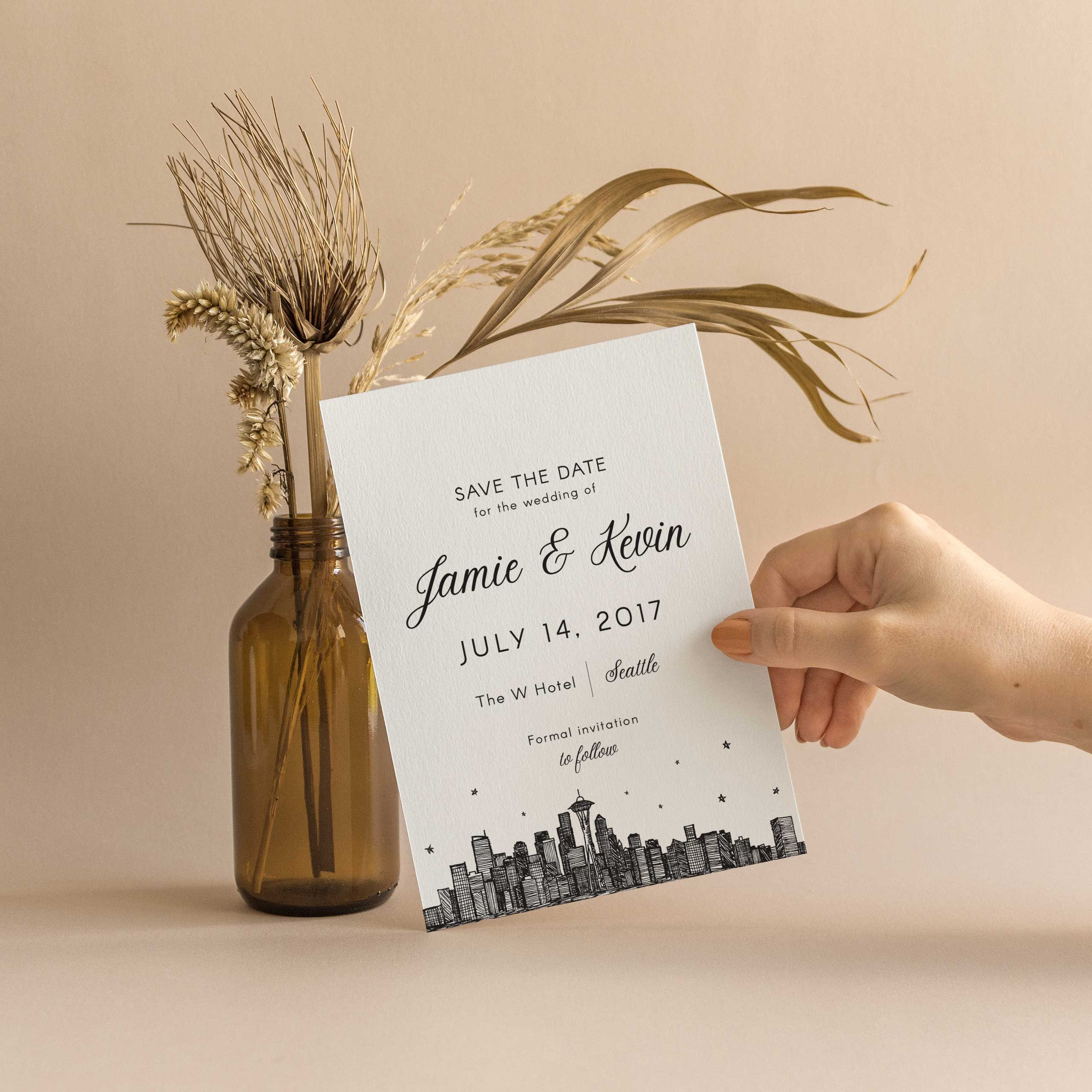 Save the Date Seattle Skyline, "City Skyline Stars", Destination Wedding, Seattle Wedding, Elegant, Custom, Minimalist, Event Invitation
