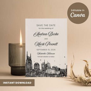 Plantilla de reserva de fecha de Nashville (Canva) / Tarjeta de boda editable / Invitación con el horizonte de Tennessee / Boda campestre / Descarga instantánea