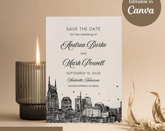 Modello Save the Date di Nashville Canva / Biglietto di nozze modificabile / Invito con skyline del Tennessee / Matrimonio in campagna / Download immediato