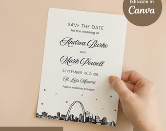 Modello Save the Date di St. Louis Canva / Annuncio di matrimonio modificabile / Invito con arco sullo skyline / Matrimonio in Missouri / Download immediato