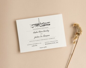 Washington DC Skyline, Destination Wedding Invitation, Custom Wedding Invitations, Event Invitations, Minimalist, Cityscape, City Sketch