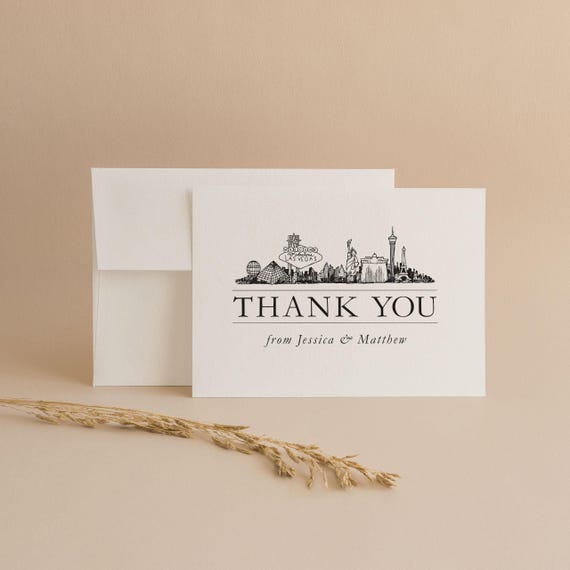 Personalized Las Vegas Wedding Thank You Cards – City Skyline Design Couple’s Names – Elegant Wedding Stationery – Note Cards for Guests