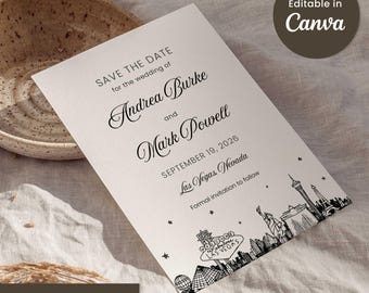 Modello Save the Date di Las Vegas Canva / Annuncio di matrimonio modificabile / Invito digitale stampabile / Design dello skyline di Las Vegas / Download immediato