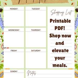 Puede incluir: Un planificador de comidas imprimible con un fondo verde claro e ilustraciones de frutas coloridas. El planificador incluye secciones para cada d&iacute;a de la semana, una lista de compras y una secci&oacute;n de notas. El texto incluye "Meal Planner" y "PDF imprimible!"