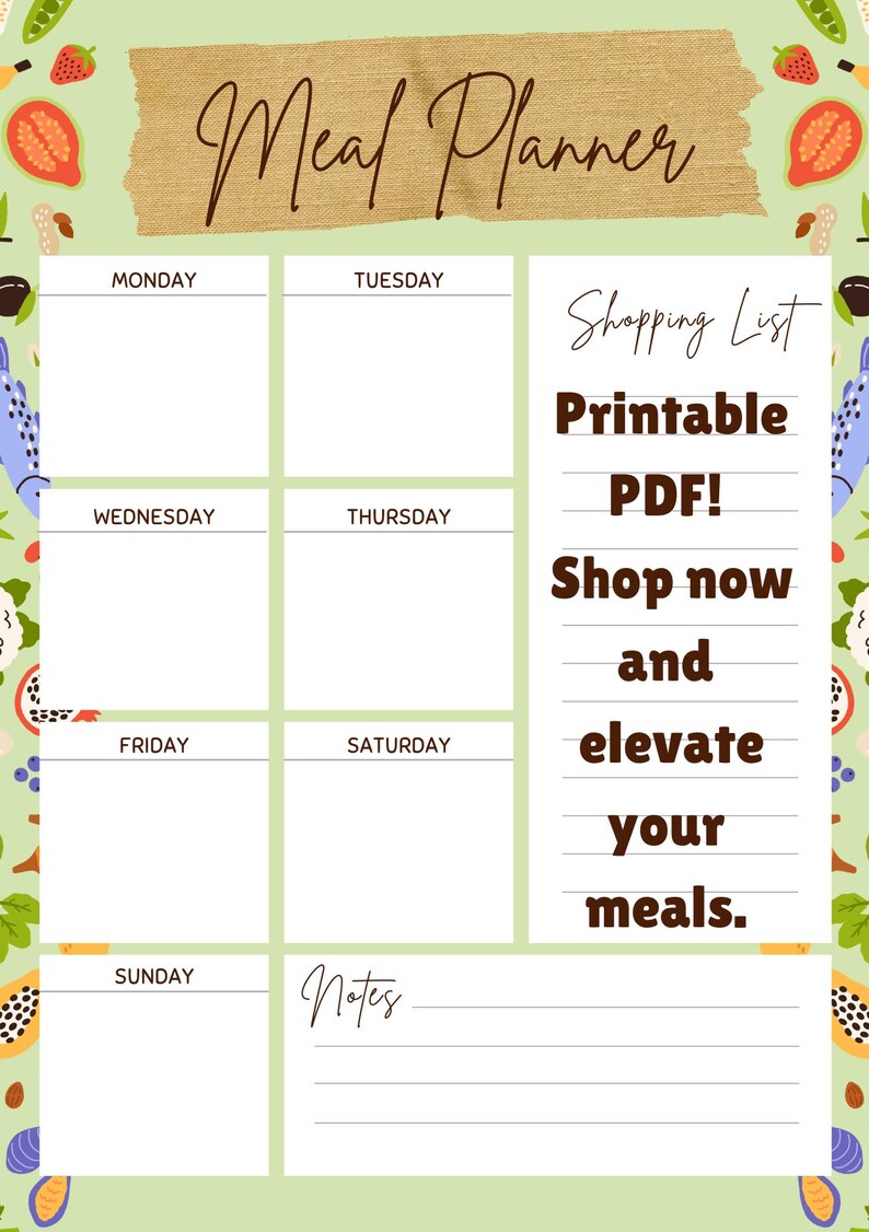 Puede incluir: Un planificador de comidas imprimible con un fondo verde claro e ilustraciones de frutas coloridas. El planificador incluye secciones para cada d&iacute;a de la semana, una lista de compras y una secci&oacute;n de notas. El texto incluye "Meal Planner" y "PDF imprimible!"