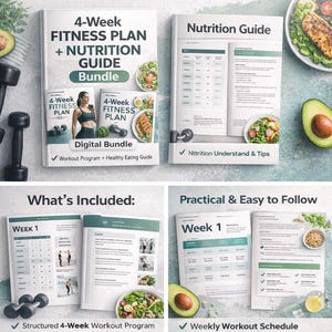 Può includere: Un pacchetto digitale con un Piano Fitness di 4 settimane e una Guida alla Nutrizione. L'immagine mostra la copertina del piano e della guida, esempi di pagine, cibo e manubri. Il pacchetto include un programma di allenamento, consigli nutrizionali e una guida all'alimentazione sana.