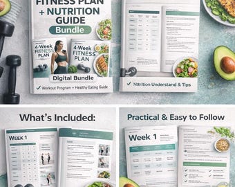 Plan de acondicionamiento físico de 4 semanas + paquete de guía nutricional | Programa de entrenamiento y guía de alimentación saludable para la recomposición corporal.