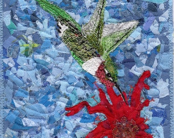 Ruby Throated  Hummingbird -Art Quilt- Wildlife and Nature Art -Quilted Bird Portrait