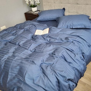 Copripiumino in lino blu a righe, set di biancheria da letto Boho, lenzuola per letto king size in lino lavato, set di biancheria da letto king size, copripiumino per letto queen size, regalo per lui per la casa.
