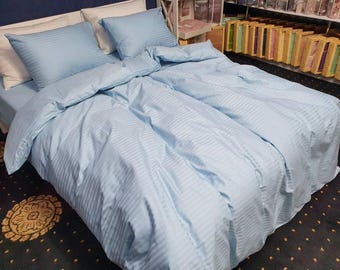 Light Blue Cotton Duvet Cover Set, Boho Bedding (Queen, King)
