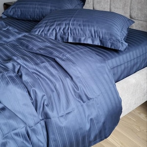 Blauer Streifen Bettwäsche-Set Hochzeit Geschenkidee Baumwolle Bettbezug Streifen Blaue Handgefertigte Bettwäsche Luxus Hotel Stil King Size Full Set
