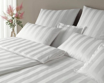 Conjunto de cama listrado em cetim branco, capa de edredom em algodão orgânico, roupa de cama estilo hotel, presente de casamento, roupa de cama estilo hotel.