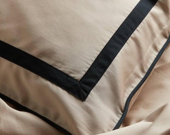 Juego de ropa de cama de satén de algodón beige con doble ribete negro. Funda nórdica de lujo para cama queen o king. Estilo minimalista de hotel. Regalo ideal para bodas. Funda de almohada suave.