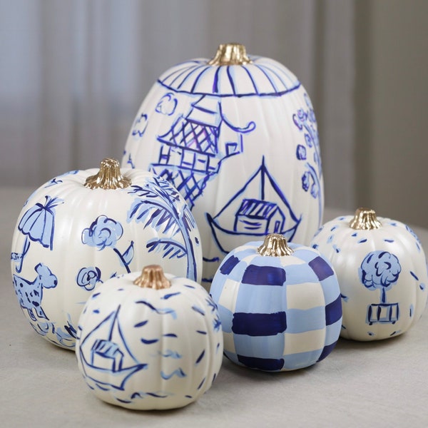 Large, Chinoiserie faux pumpkin, hand painted Chinoiserie pumpkin, blue and white pumpkin, chinoiserie pumpkin,