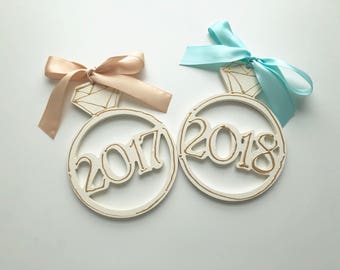 2018 Wedding ornament, engagement ornament, engagement gift, hand painted, wood ornament, engagement ring ornament, wedding gift