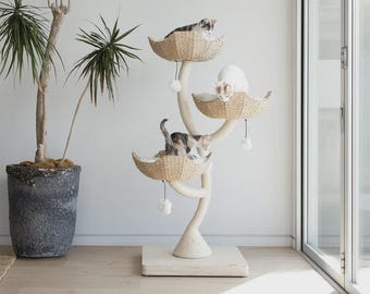 Modern Cat Tree 3 Levels 135cm | Sisal Scratching Post | Cat Furniture Gray | Wood Cat Tower | Cat Climbing Tree