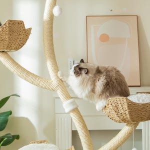 May include: A cat tree with multiple woven baskets and a sisal-wrapped structure. Two cats are present, one in a basket and another climbing. The tree features dangling pom-poms and is set against a neutral background.