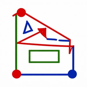 May include: An abstract hand-drawn illustration on a white background. It features geometric shapes and lines in red, green, and blue. There are red circles, a blue triangle, and a green rectangle.