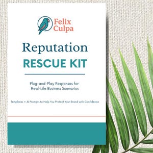 Może przedstawiać: Białe, prostokątne opakowanie produktu z napisem "Reputation RESCUE KIT" w kolorze turkusowym i czarnym. Opakowanie zawiera logo Felix Culpa i hasło "Plug-and-Play Responses for Real-Life Business Scenarios". Zielony liść palmy znajduje się w tle.