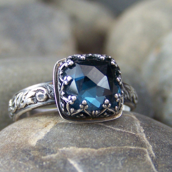 Deep Waters Ring - 8mm Cushion Rose Cut London Blue Topaz in Heart Crown Bezel with Swirled Band