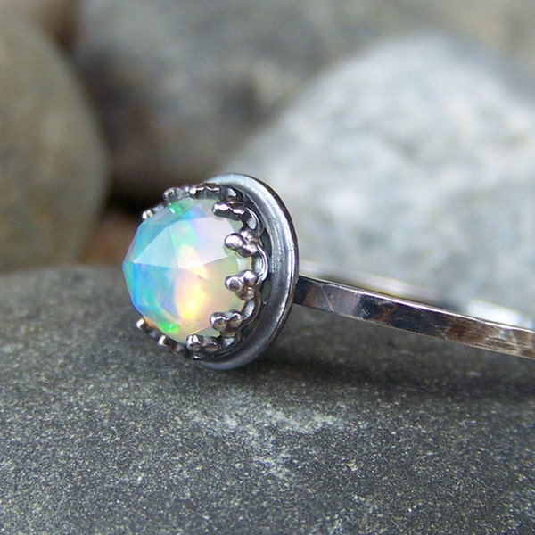 Hespera - Glowing 6mm Rose Cut Ethiopian Opal in Sterling Crown Bezel and Silver Band