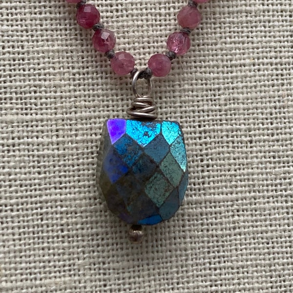 Mystic Labradorite and Pink Tourmaline, An Original, Handmade, Hand Knotted, gemstone necklace