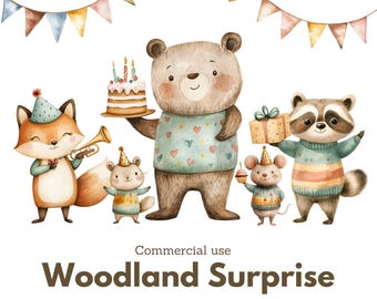 Animales lindos del bosque / Conjunto de imágenes prediseñadas de acuarela para cumpleaños y guardería / Ambiente bohemio / Imágenes prediseñadas de cumpleaños / Animales del bosque