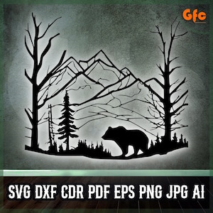 Bear Forest Landscape SVG - Bear Silhouette with Mountain and Trees Digital File for Laser Cutting, CNC Engraving - Printable Wall Decor