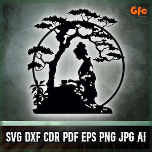 Geisha Tea Ceremony SVG | Geisha Silhouette with Bonsai Tree Circle Digital File for Laser Cutting, CNC Engraving & Printable Wall Decor – I
