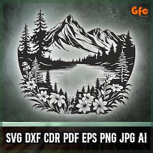 Peut inclure: Illustration en noir et blanc d'une scène de montagne et de lac avec des arbres et des fleurs, de forme circulaire. Le texte "SVG DXF CDR PDF EPS PNG JPG AI" est en bas de l'image.