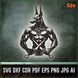 Puede incluir: Ilustración en blanco y negro de Anubis, el dios egipcio con cabeza de chacal y cuerpo humano musculoso. La imagen incluye el texto "SVG DXF CDR PDF EPS PNG JPG AI".