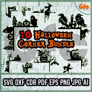 May include: A collection of black Halloween-themed corner designs. The image features various silhouettes of pumpkins, ghosts, witches, bats, and haunted houses. Text reads "10 Halloween Corner Bundle" and file type options.
