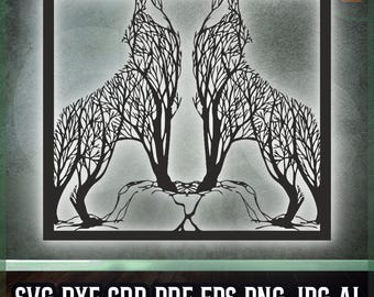 Silueta de lobos aullando DXF SVG - Arte mural de vida silvestre - Corte láser, CNC, imprimible