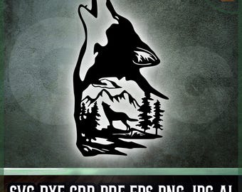 Howling Wolf SVG DXF | Wolf Silhouette with Forest Scene - Laser, Cricut cut, Printable