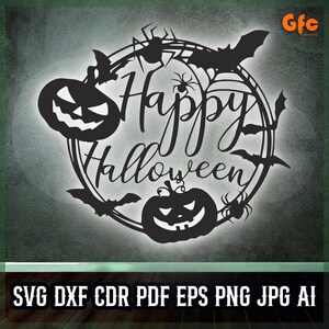 May include: Black Halloween-themed design featuring a circular frame with the words "Happy Halloween" in a stylized font. The design includes jack-o'-lanterns, bats, and spiders. The bottom of the image displays file format options.