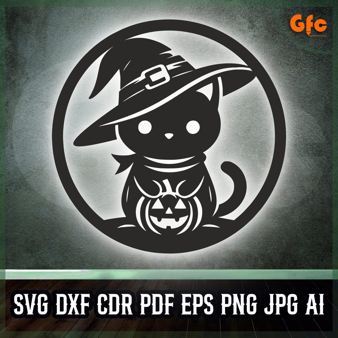 Adorable Witch Cat Pumpkin Silhouette Circular SVG - Halloween Decor ...