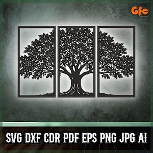 以下が含まれることがあります： 3枚のパネルウォールアートで、木のシルエットが描かれています。黒いデザインは明るい背景に配置され、木の枝や葉が精巧にカットされています。画像の下部には、テキスト「SVG DXF CDR PDF EPS PNG JPG AI」が表示されています。