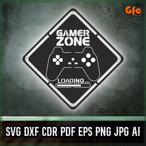 Może przedstawiać: Czarno-biały znak Gamer Zone z grafiką kontrolera do gier. Znak ma słowa "GAMER ZONE" na górze i "LOADING..." na dole. Znak ma kształt rombu.